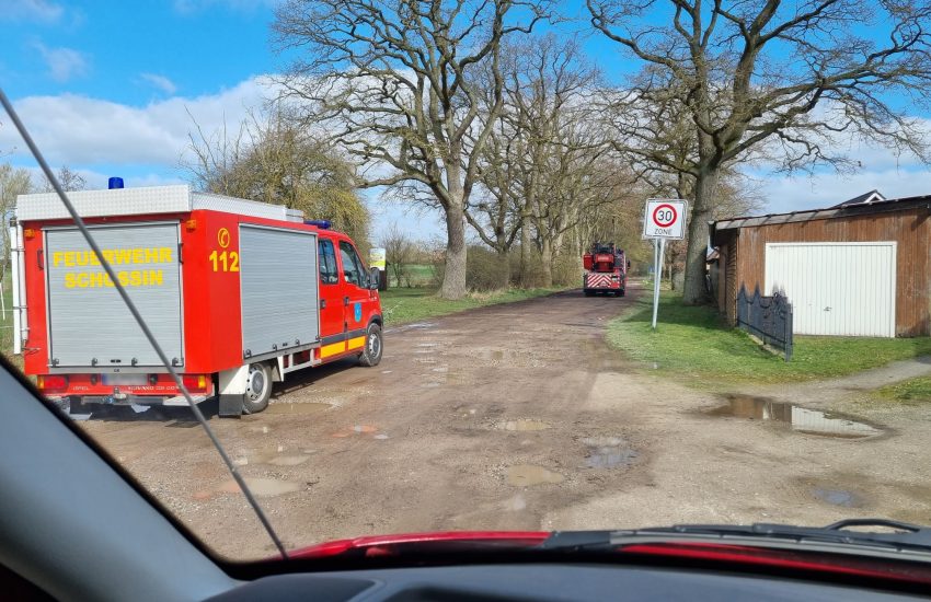 Links der Schossiner TSF und rechts davon ein Schweriner Drehleiterwagen